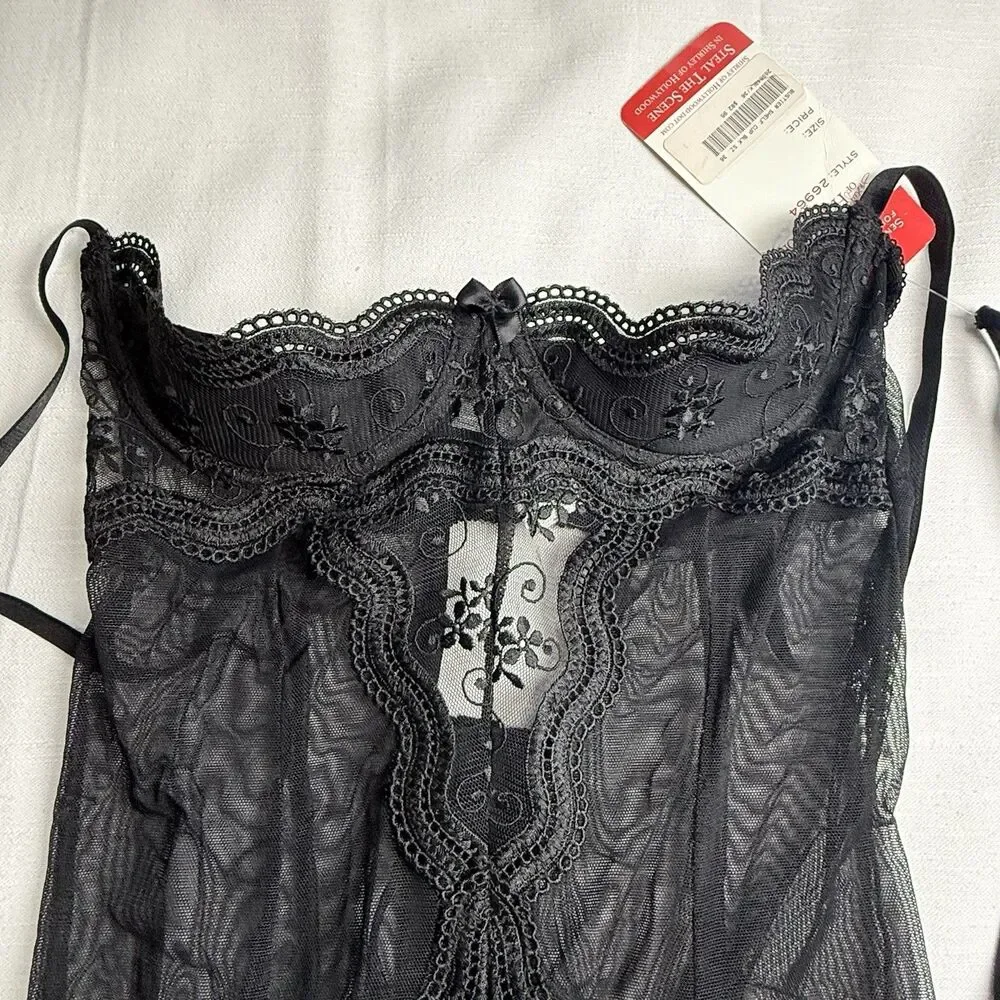 Shirley Of Hollywood Bustier Shelf Cup Top W/Thong Blk Lace Lingerie Sz 36 New